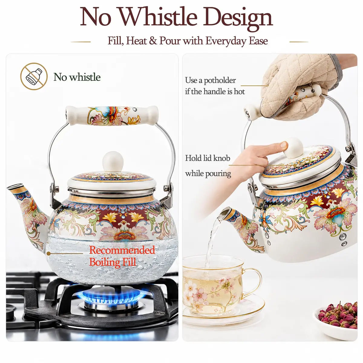 OLYTARU 2.5-Qt Floral Enamel Tea Kettle No Whistle | Vintage Floral Design, 2.4L Capacity, Compatible with Gas & Induction - view 6