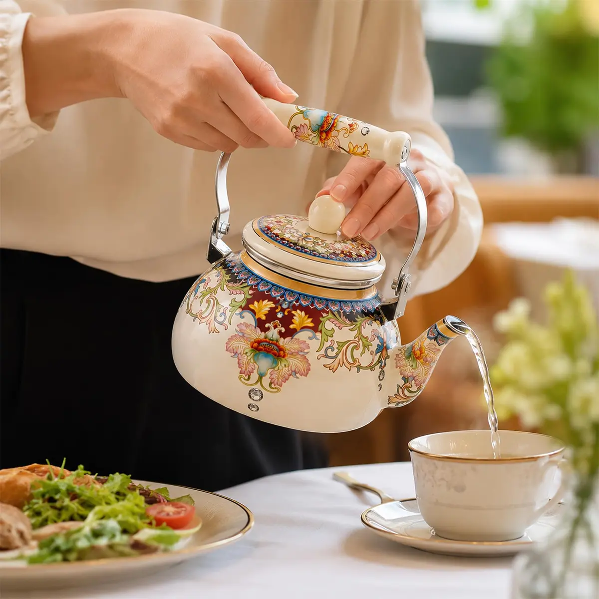 OLYTARU 2.5-Qt Floral Enamel Tea Kettle No Whistle | Vintage Floral Design, 2.4L Capacity, Compatible with Gas & Induction - view 8