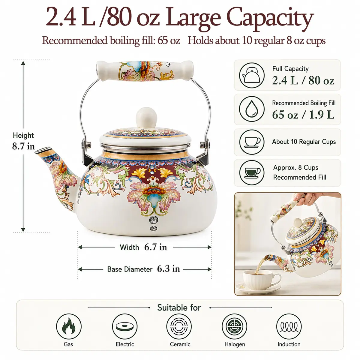 OLYTARU 2.5-Qt Floral Enamel Tea Kettle No Whistle | Vintage Floral Design, 2.4L Capacity, Compatible with Gas & Induction - view 3