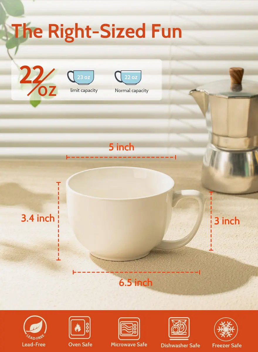 Sweese Porcelain 22oz Large Coffee Mug Set of 4 | Big Handle, Microwave Safe, White - view 2