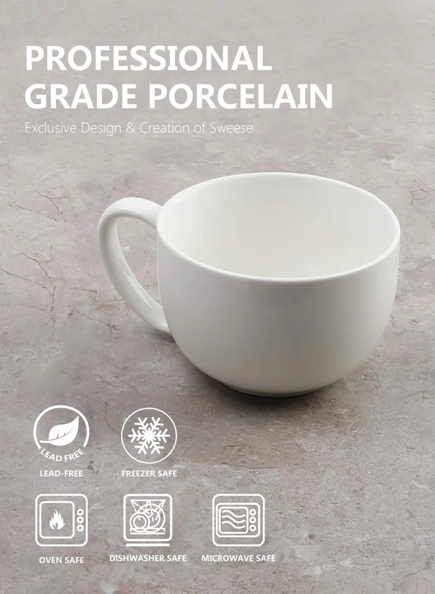 Sweese Porcelain 22oz Large Coffee Mug Set of 4 | Big Handle, Microwave Safe, White - view 3