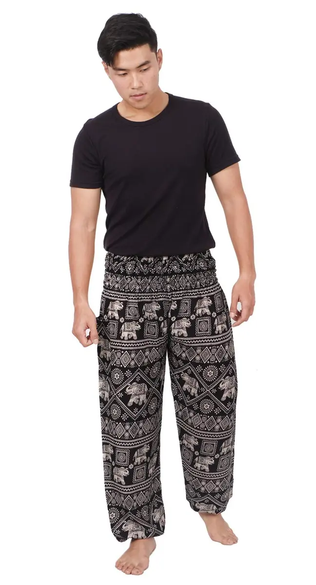 Banjamath Mens Yoga Harem Lounge Boho Parachute Pants Waist 36-40 Elephant Black | Loose Baggy Style for Relax & Festivals - view 2
