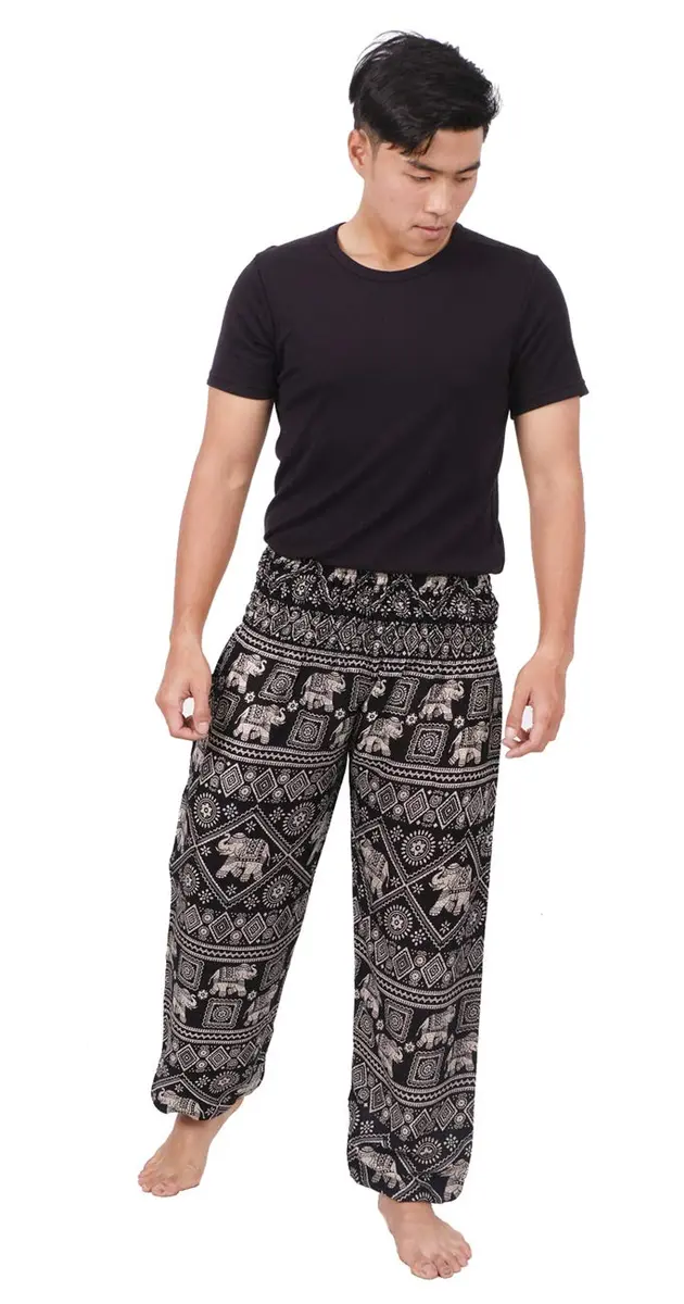 Banjamath Mens Yoga Harem Lounge Boho Parachute Pants Waist 36-40 Elephant Black | Loose Baggy Style for Relax & Festivals - view 3
