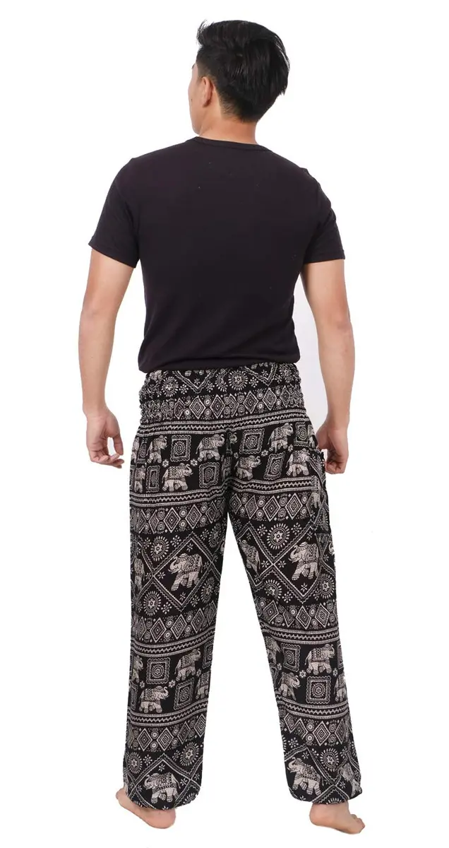 Banjamath Mens Yoga Harem Lounge Boho Parachute Pants Waist 36-40 Elephant Black | Loose Baggy Style for Relax & Festivals - view 4