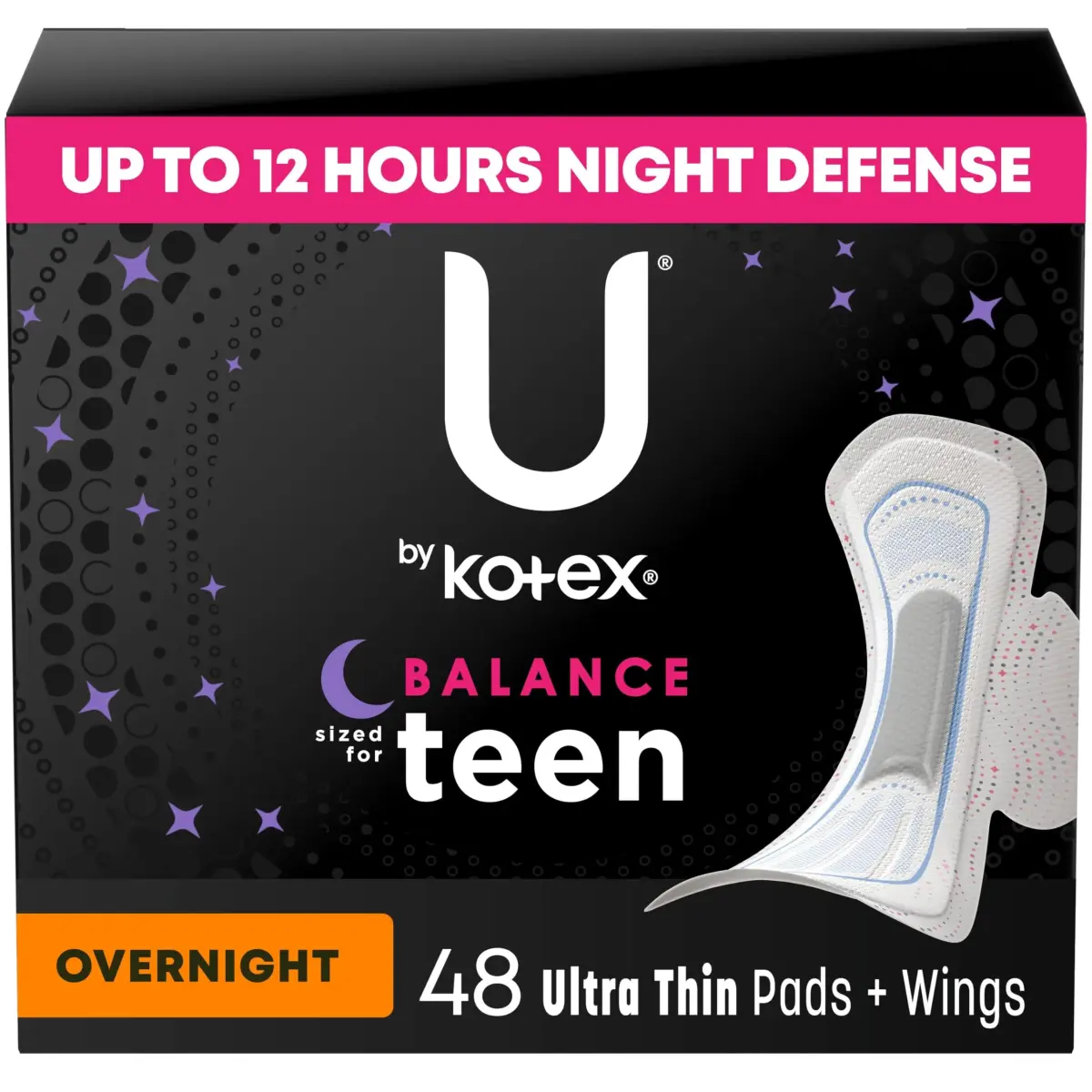 U by Kotex Balance Sized for Teens Ultra Thin Overnight Pads with Wings, 48 Count (4 Packs of 12) (Packaging May Vary) - main product image