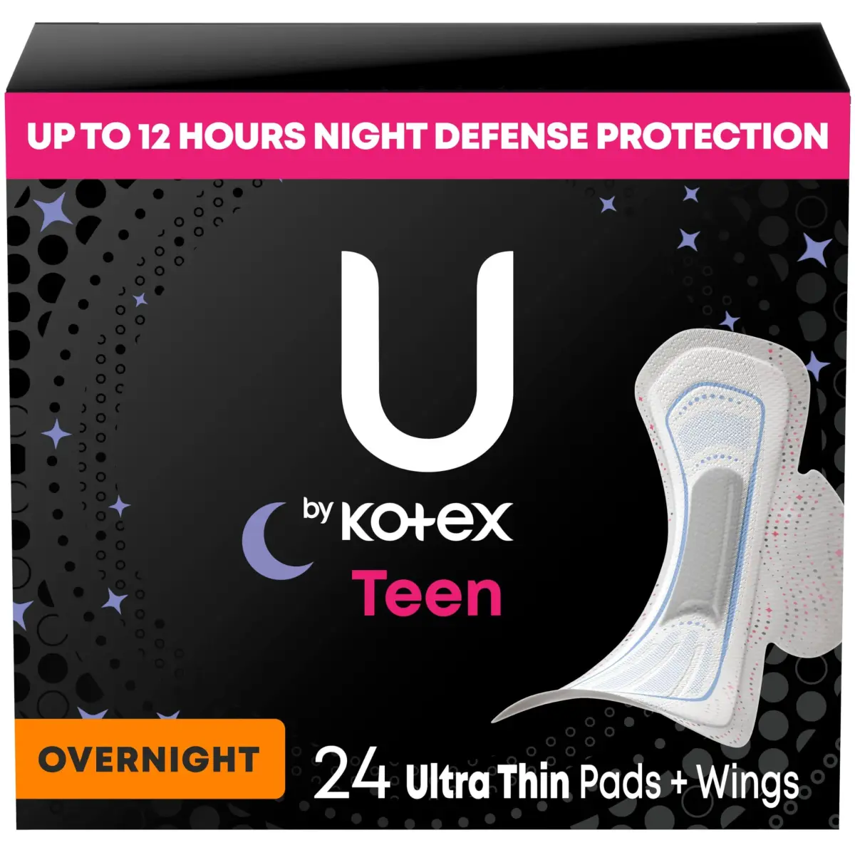 U by Kotex Balance Teen Ultra Thin Overnight Pads with Wings, 24 Count (12 Overnight) | Dermatologist Tested, Fragrance-Free - main product image