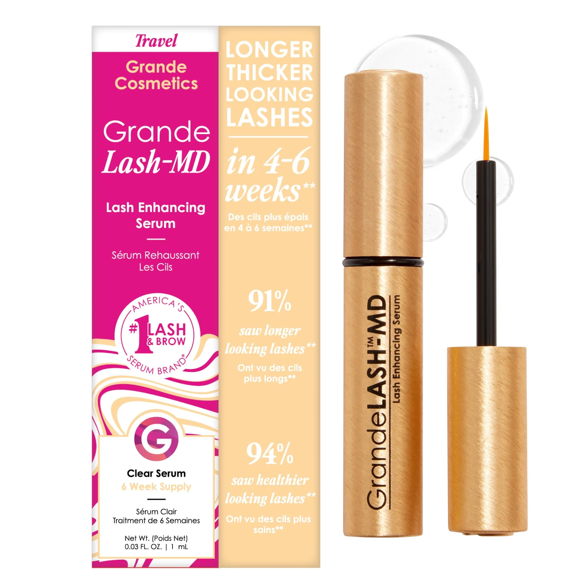 Grande Cosmetics GrandeLASH-MD Lash Enhancing Serum Peptide & Vitamin Infused Formula for Longer, Thicker, Fuller Looking Lashes 1mL - main product image