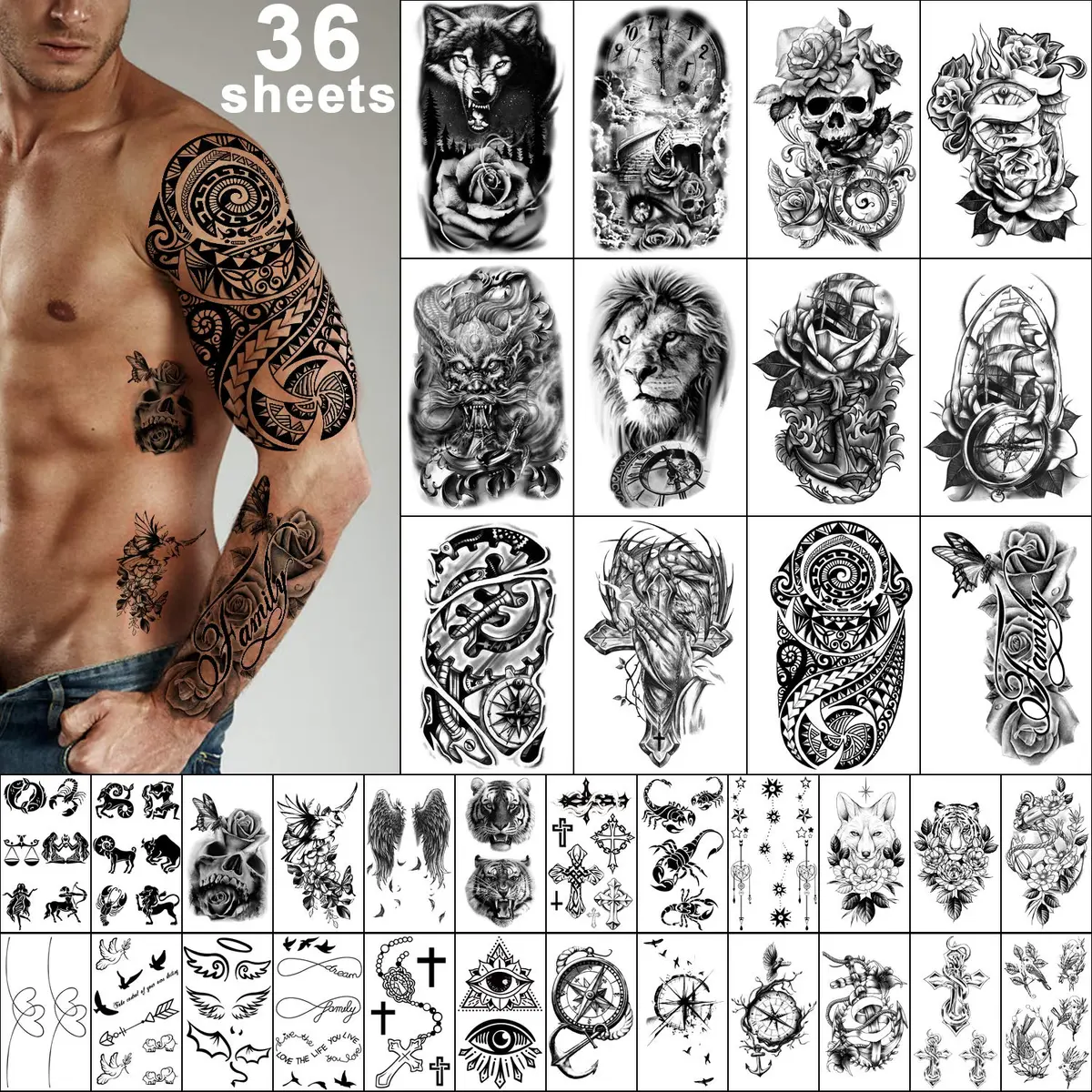Yazhiji 36 Sheets Temporary Tattoos Stickers | Waterproof & Realistic Body Art for Adults & Kids - main product image