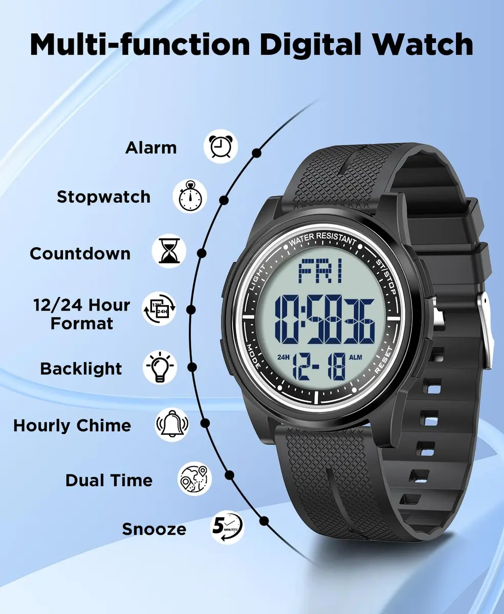 Beeasy Digital Watch for Men Women 44mm Black Silicone | Ultra-Thin Lightweight Sports Watch with Alarm Stopwatch Countdown - view 4