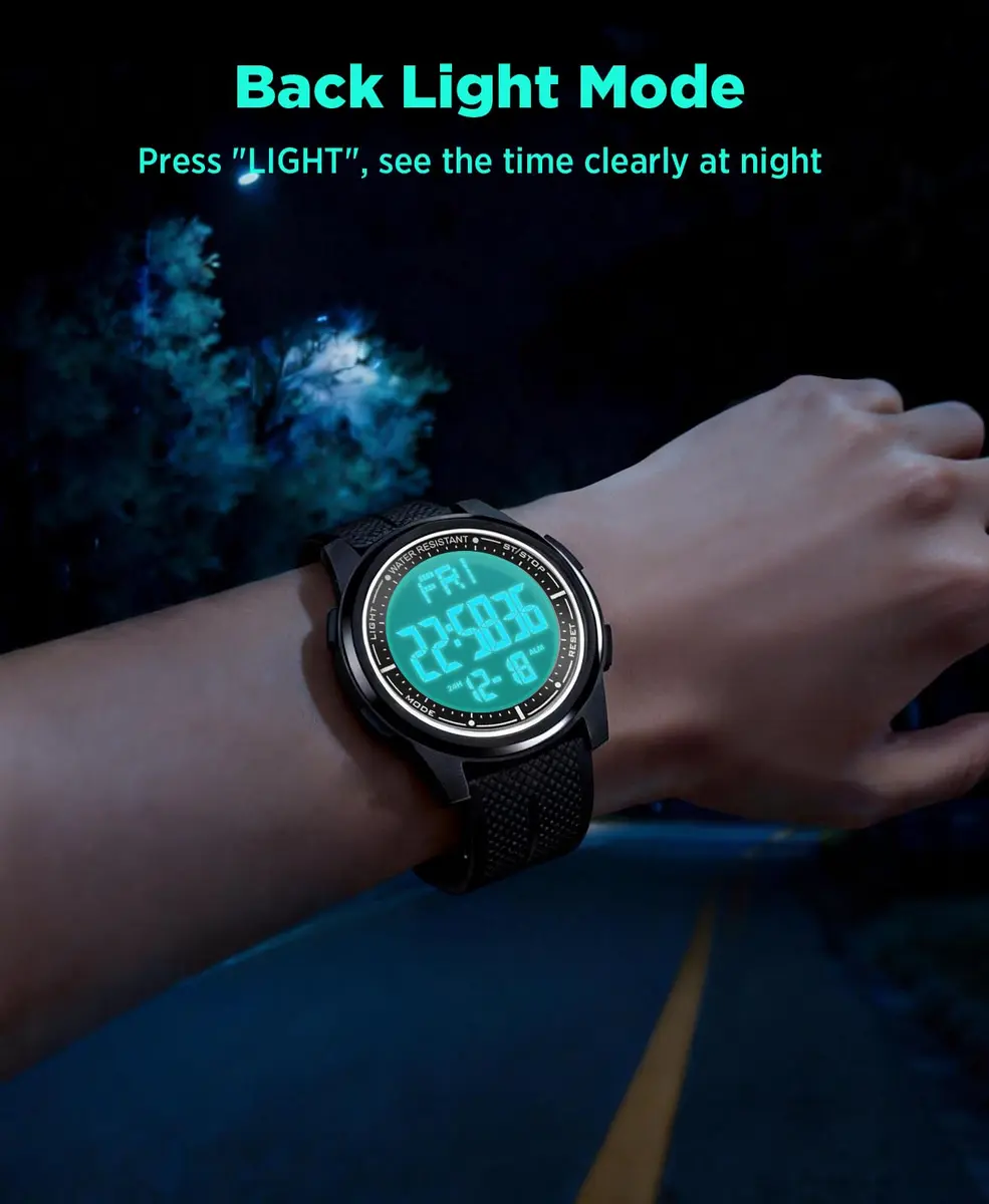 Beeasy Digital Watch for Men Women 44mm Black Silicone | Ultra-Thin Lightweight Sports Watch with Alarm Stopwatch Countdown - view 5