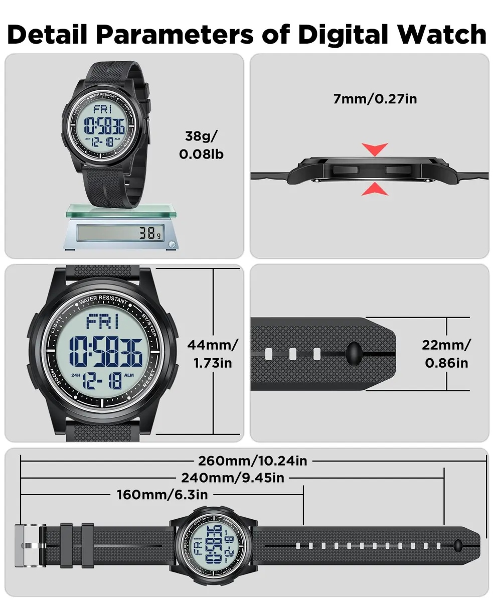 Beeasy Digital Watch for Men Women 44mm Black Silicone | Ultra-Thin Lightweight Sports Watch with Alarm Stopwatch Countdown - view 6