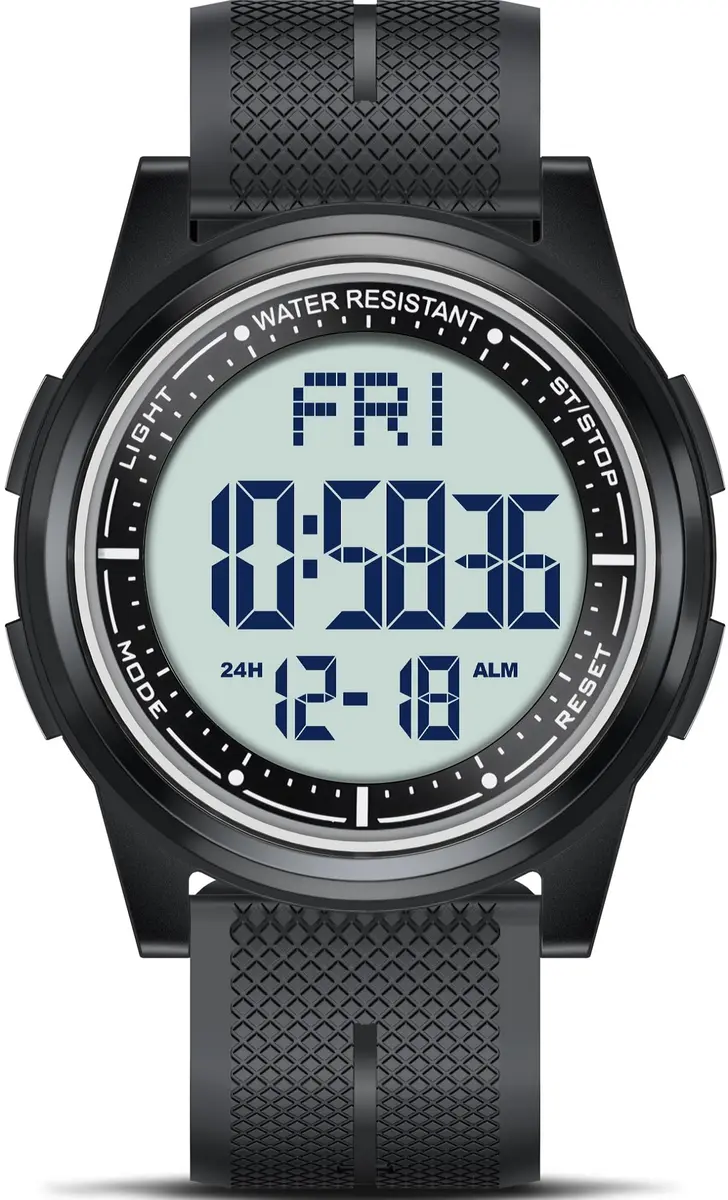Beeasy Digital Watch for Men Women 44mm Black Silicone | Ultra-Thin Lightweight Sports Watch with Alarm Stopwatch Countdown - main product image