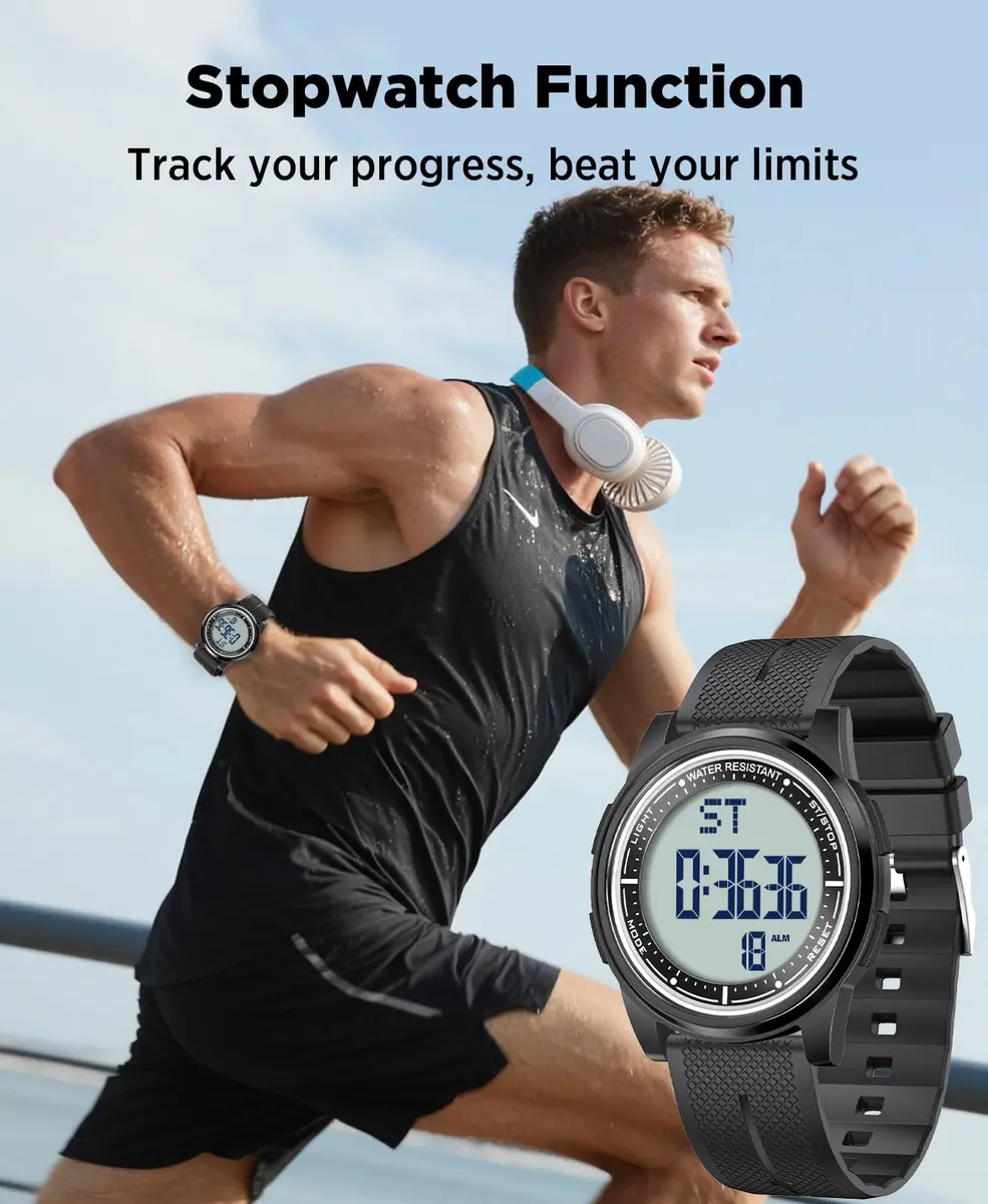 Beeasy Digital Watch for Men Women 44mm Black Silicone | Ultra-Thin Lightweight Sports Watch with Alarm Stopwatch Countdown - view 8