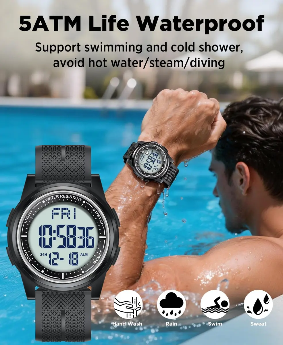 Beeasy Digital Watch for Men Women 44mm Black Silicone | Ultra-Thin Lightweight Sports Watch with Alarm Stopwatch Countdown - view 2