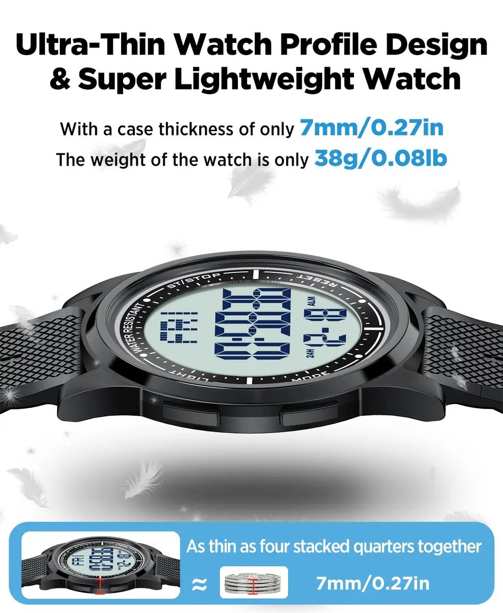 Beeasy Digital Watch for Men Women 44mm Black Silicone | Ultra-Thin Lightweight Sports Watch with Alarm Stopwatch Countdown - view 3
