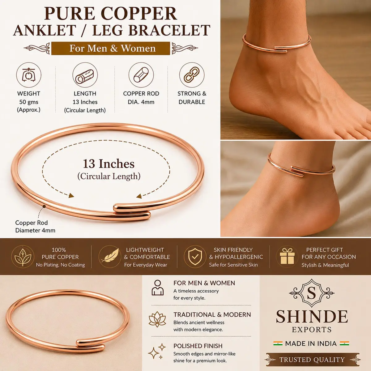 SHINDE EXPORTS Adjustable Pure Copper Leg Anklet Bracelet Kada 12 inches (30.48 cm) | Unisex Indian Jewelry - view 2