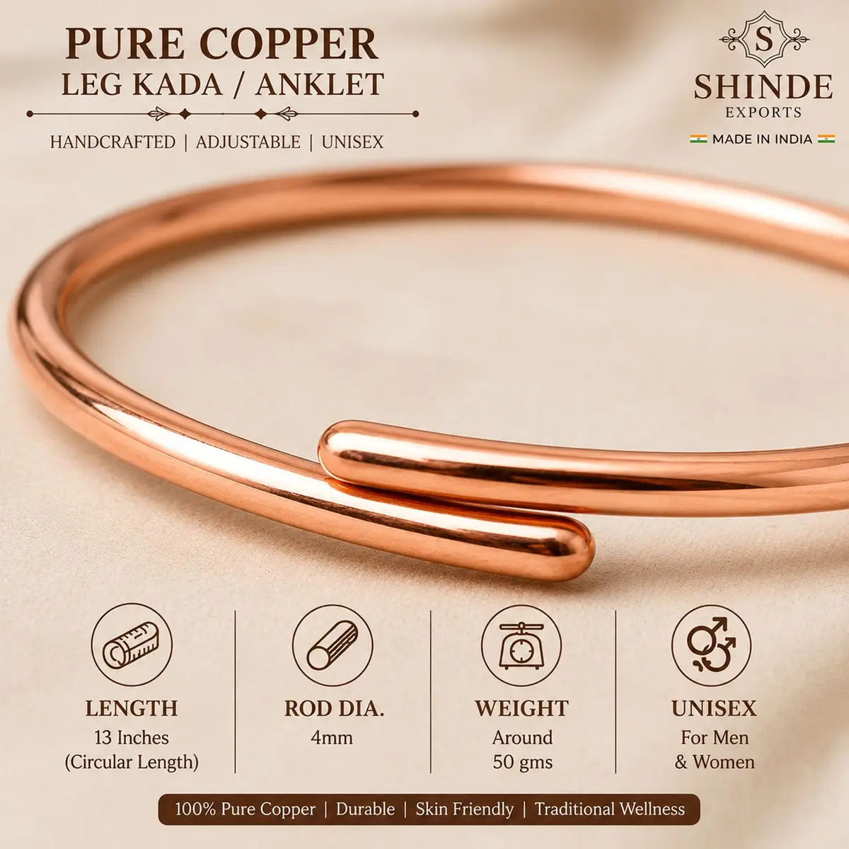 SHINDE EXPORTS Adjustable Pure Copper Leg Anklet Bracelet Kada 12 inches (30.48 cm) | Unisex Indian Jewelry - view 4