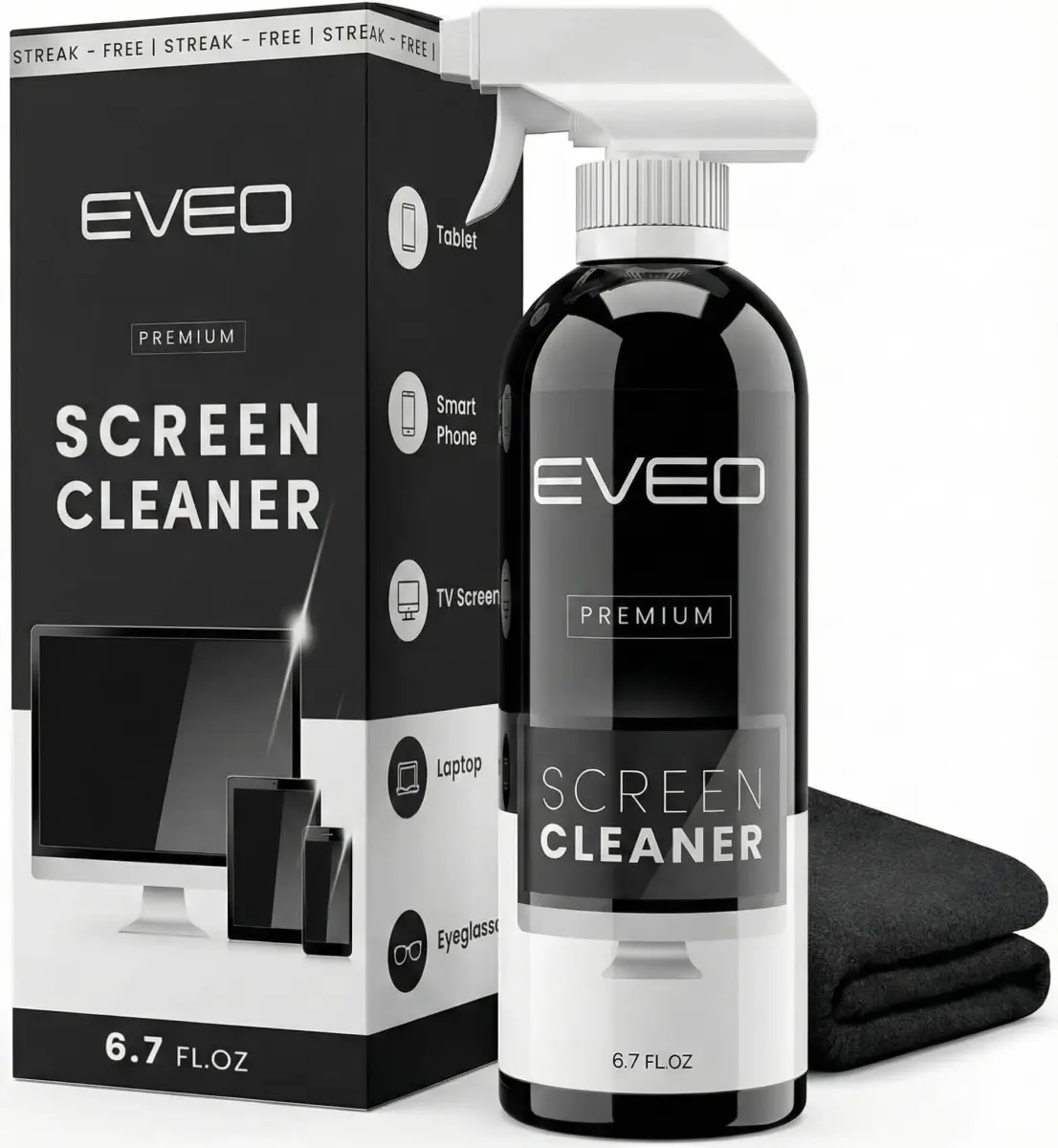 EVEO Screen Cleaner Spray with Microfiber Cloth - 200ml (6.76 Fl Oz) | Streak-Free Shine for All Screens - main product image