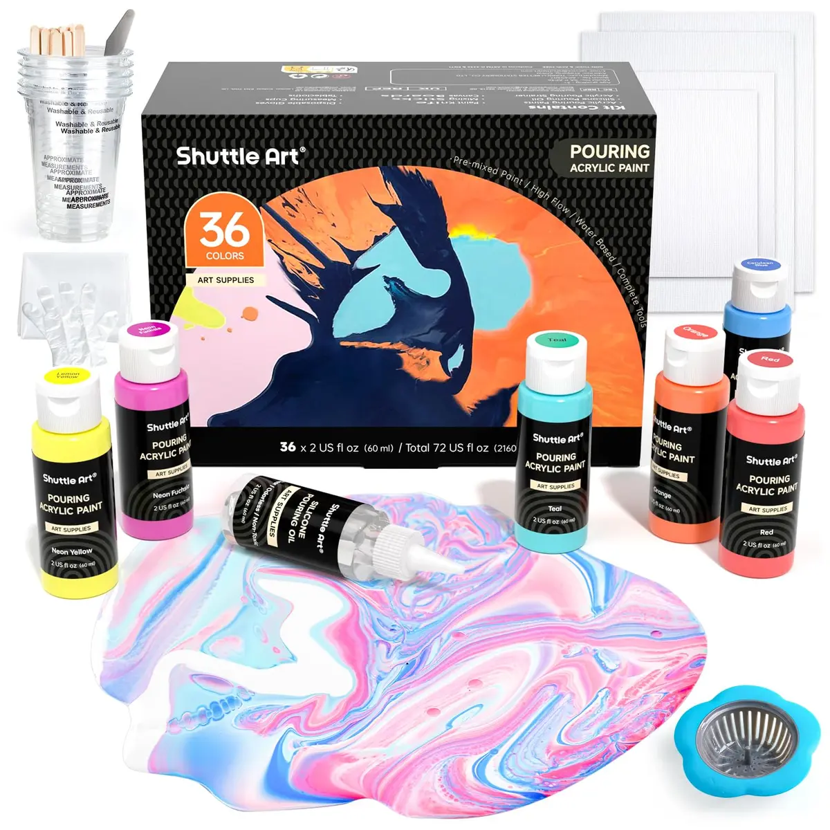 Shuttle Art Acrylic Pouring Paint, Set of 36 Bottles (2 oz/60ml) Pre-Mixed High-Flow Supplies with Canvas & Tools - main product image