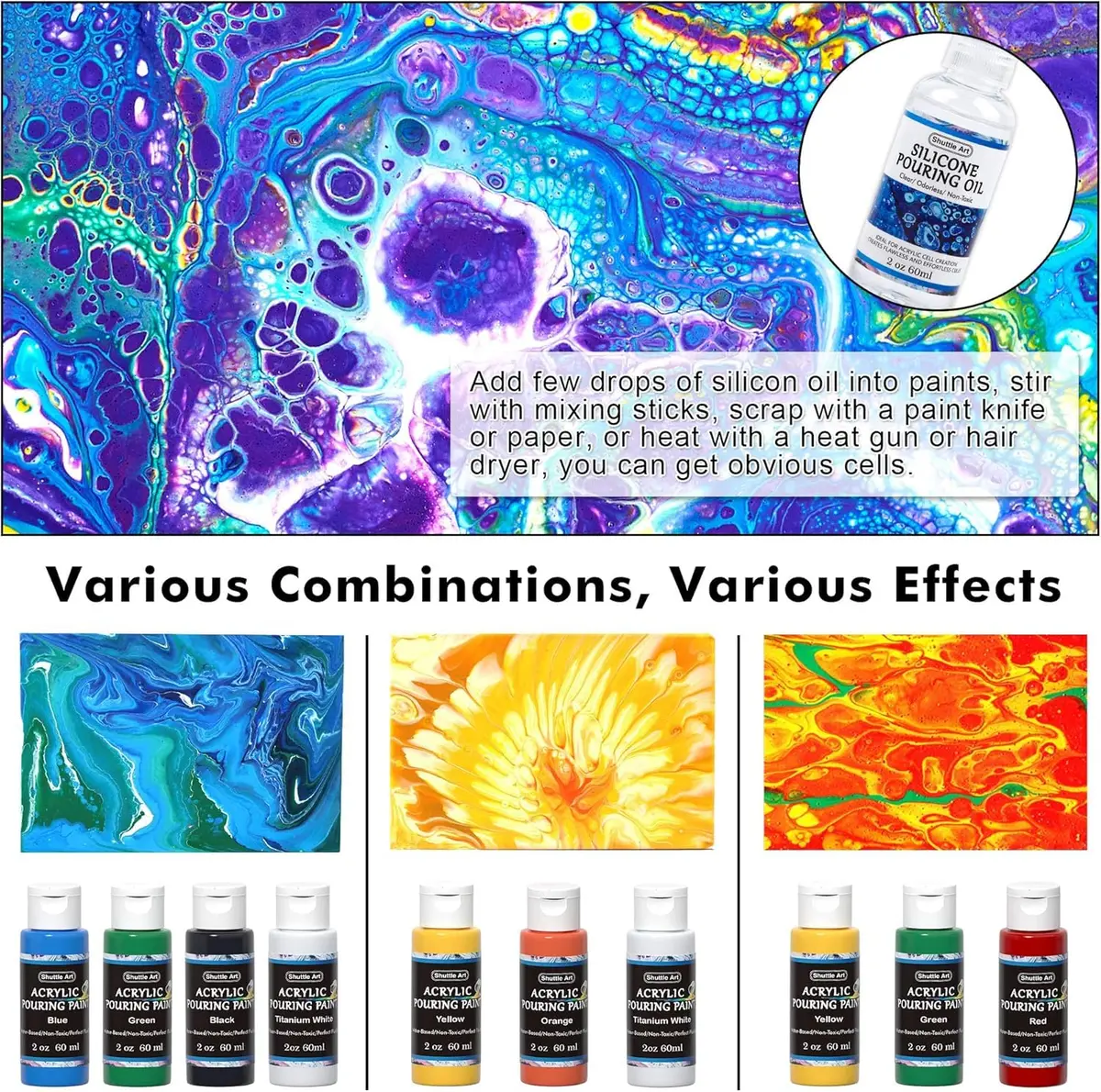 Shuttle Art Acrylic Pouring Paint, Set of 36 Bottles (2 oz/60ml) Pre-Mixed High-Flow Supplies with Canvas & Tools - view 7