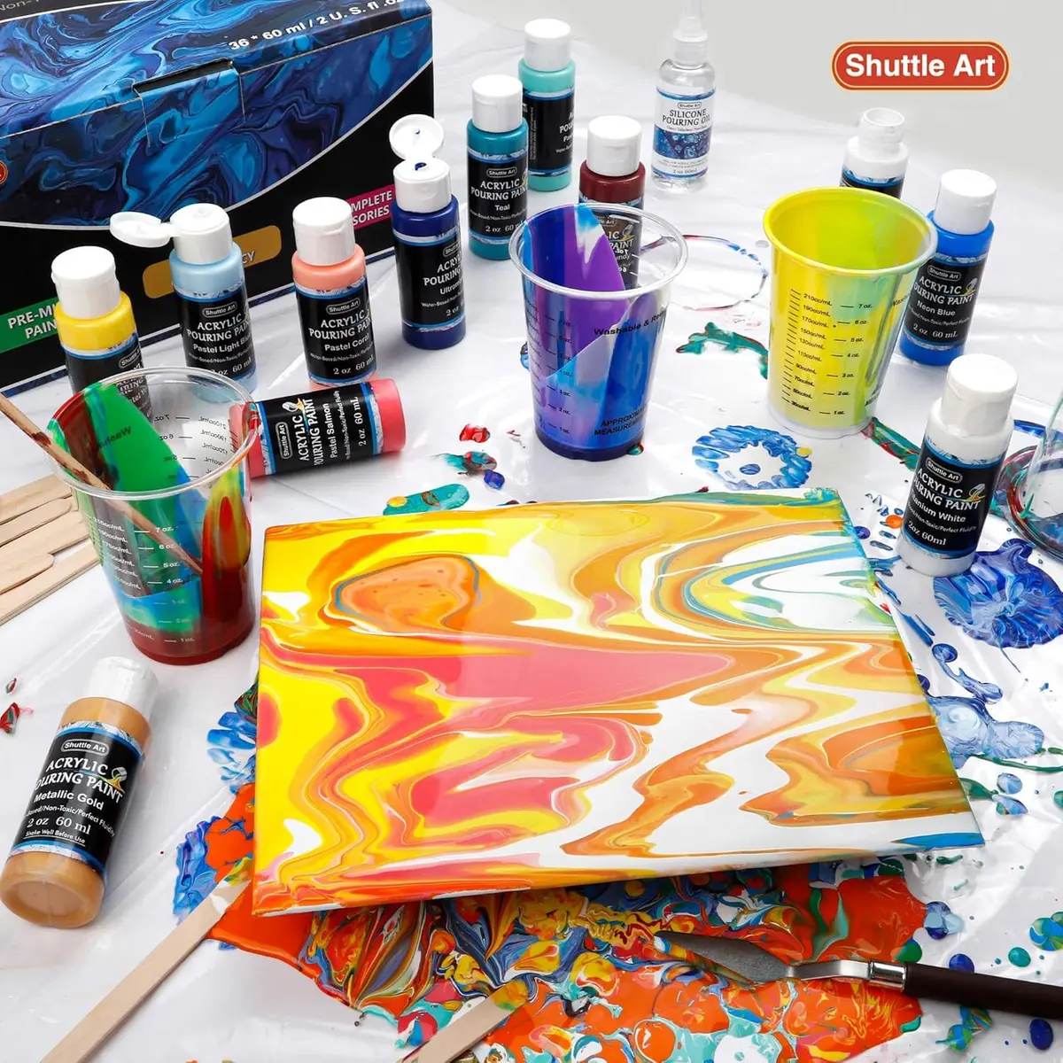 Shuttle Art Acrylic Pouring Paint, Set of 36 Bottles (2 oz/60ml) Pre-Mixed High-Flow Supplies with Canvas & Tools - view 2