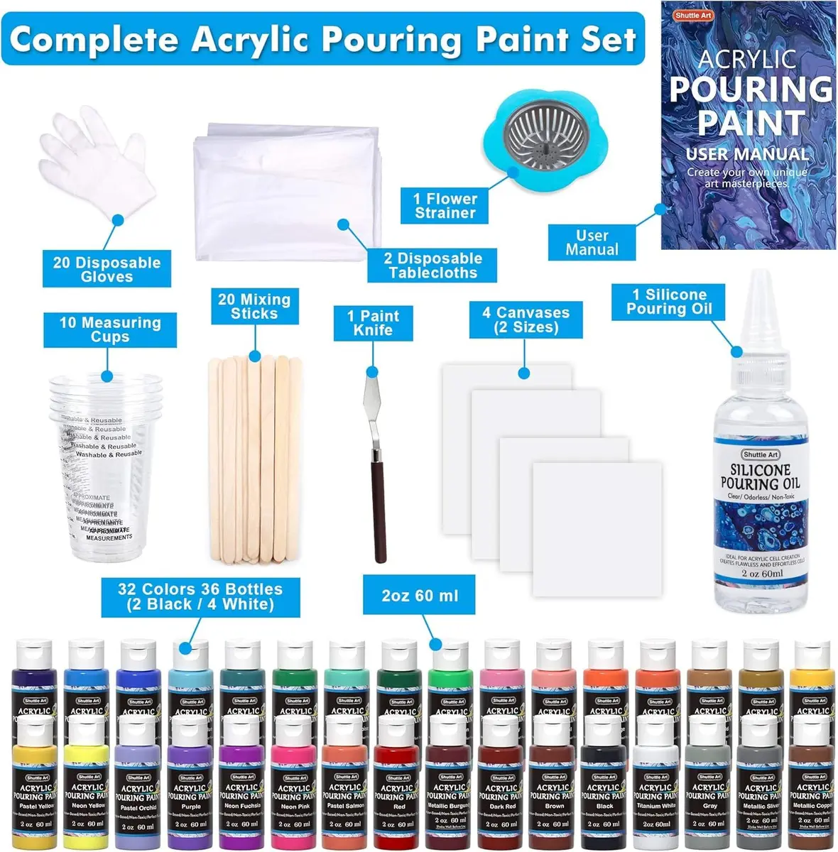 Shuttle Art Acrylic Pouring Paint, Set of 36 Bottles (2 oz/60ml) Pre-Mixed High-Flow Supplies with Canvas & Tools - view 4
