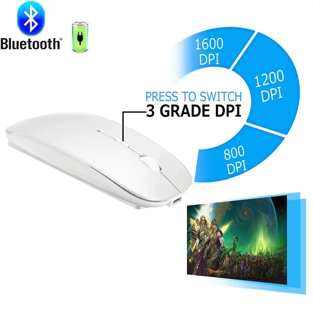 KLO Rechargeable White Wireless Mouse: Bluetooth 5.2/3.0, Type-C & 2.4G USB for Mac, Windows, iPad, Laptop - view 2