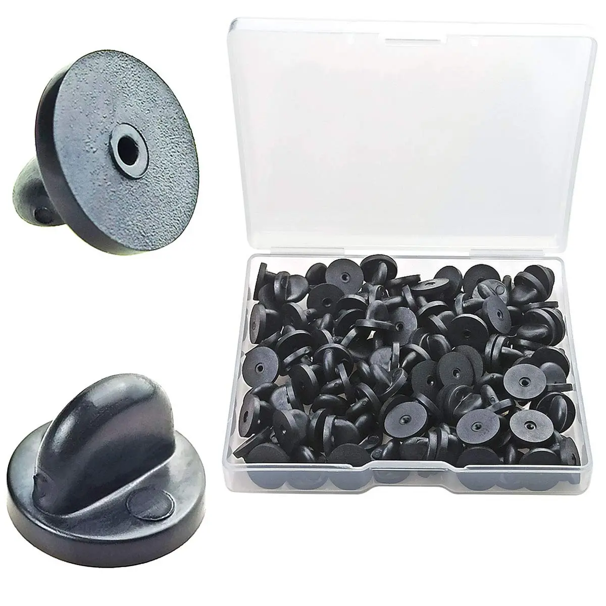 TTSAM Rubber Pin Backs 11mm (0.433 inch) Black 100-Pack | Secure Locking for Lapel Pins - main product image