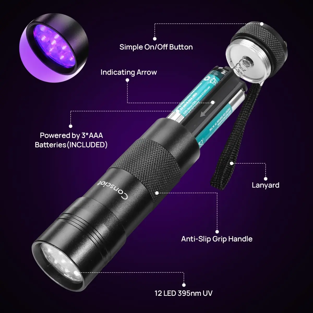 Consciot 12 LED UV Blacklight Flashlight 395nm | Pet Urine Detector for Dry Stains & Scorpions - view 2