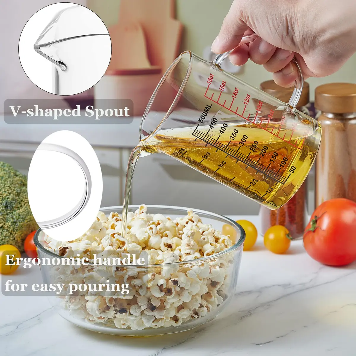 Ackers BORO3.3 Glass Measuring Cup 500ml | Insulated Handle & V-Shaped Spout - view 2