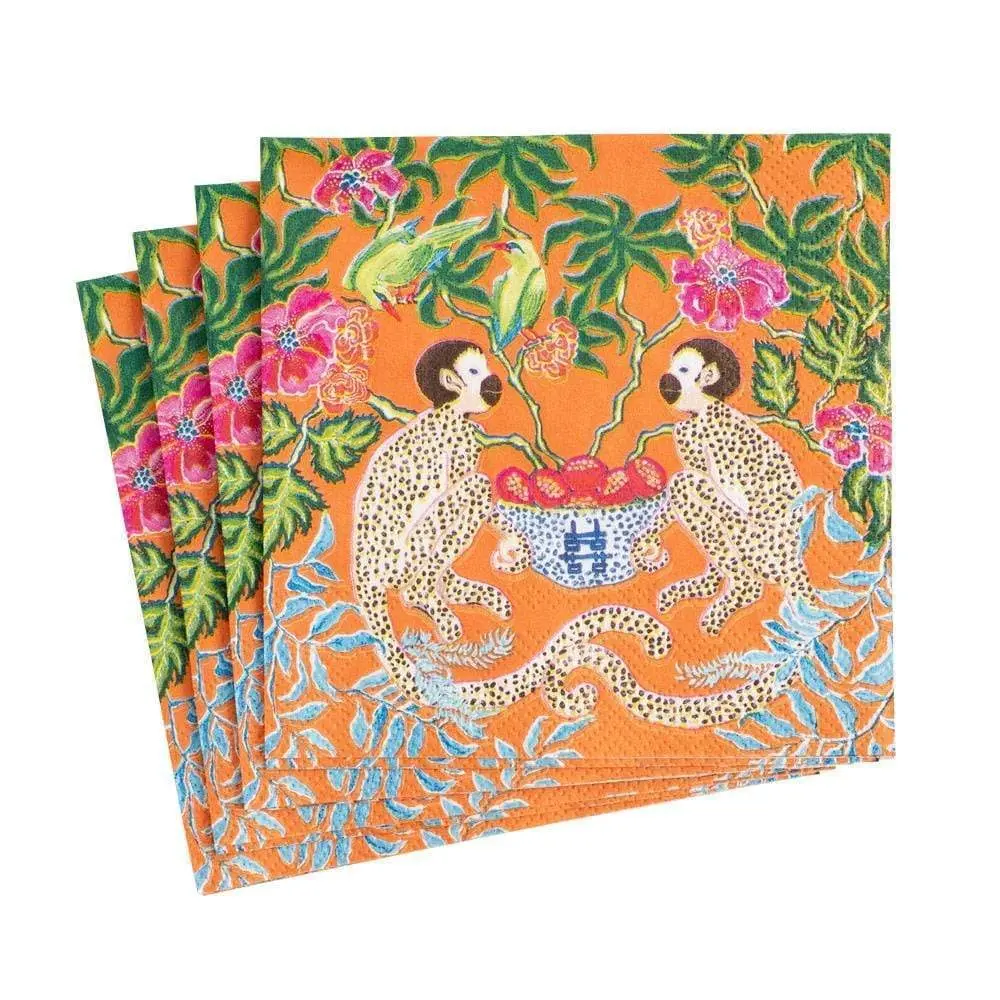 Caspari Monkeys Paper Cocktail Napkins in Orange | Eco-Friendly 3-Ply 80 Count - main product image