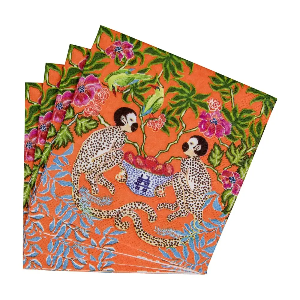 Caspari Monkeys Paper Cocktail Napkins in Orange | Eco-Friendly 3-Ply 80 Count - view 5