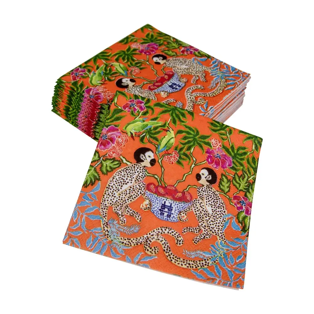 Caspari Monkeys Paper Cocktail Napkins in Orange | Eco-Friendly 3-Ply 80 Count - view 6