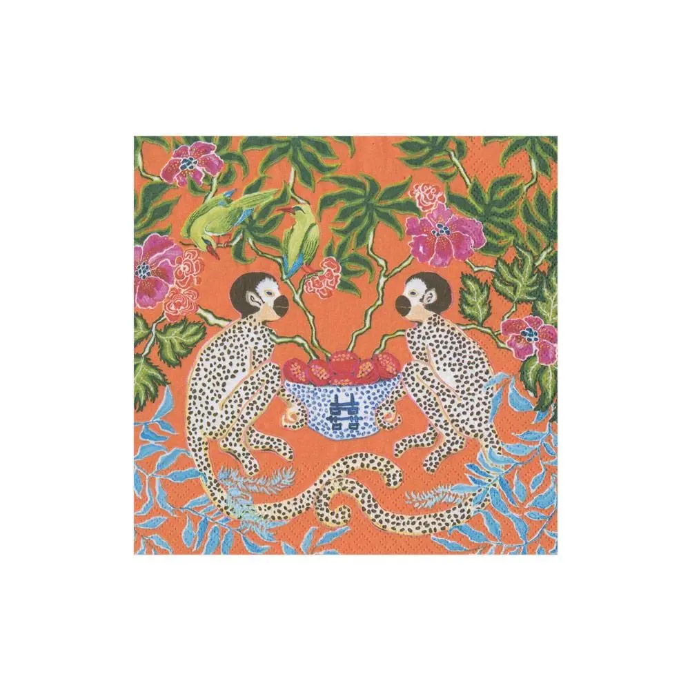 Caspari Monkeys Paper Cocktail Napkins in Orange | Eco-Friendly 3-Ply 80 Count - view 2