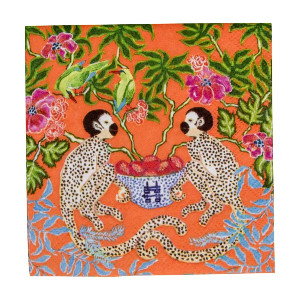 Caspari Monkeys Paper Cocktail Napkins in Orange | Eco-Friendly 3-Ply 80 Count - view 3