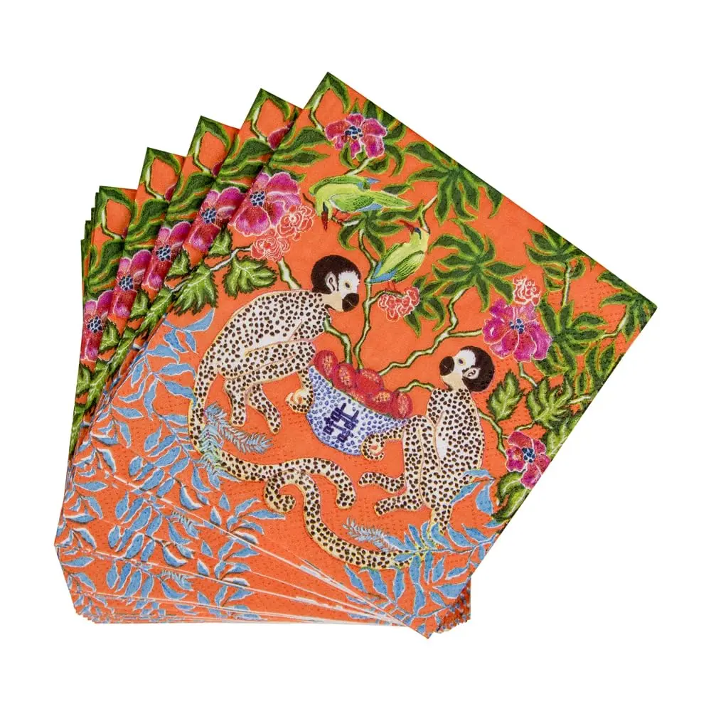 Caspari Monkeys Paper Cocktail Napkins in Orange | Eco-Friendly 3-Ply 80 Count - view 4