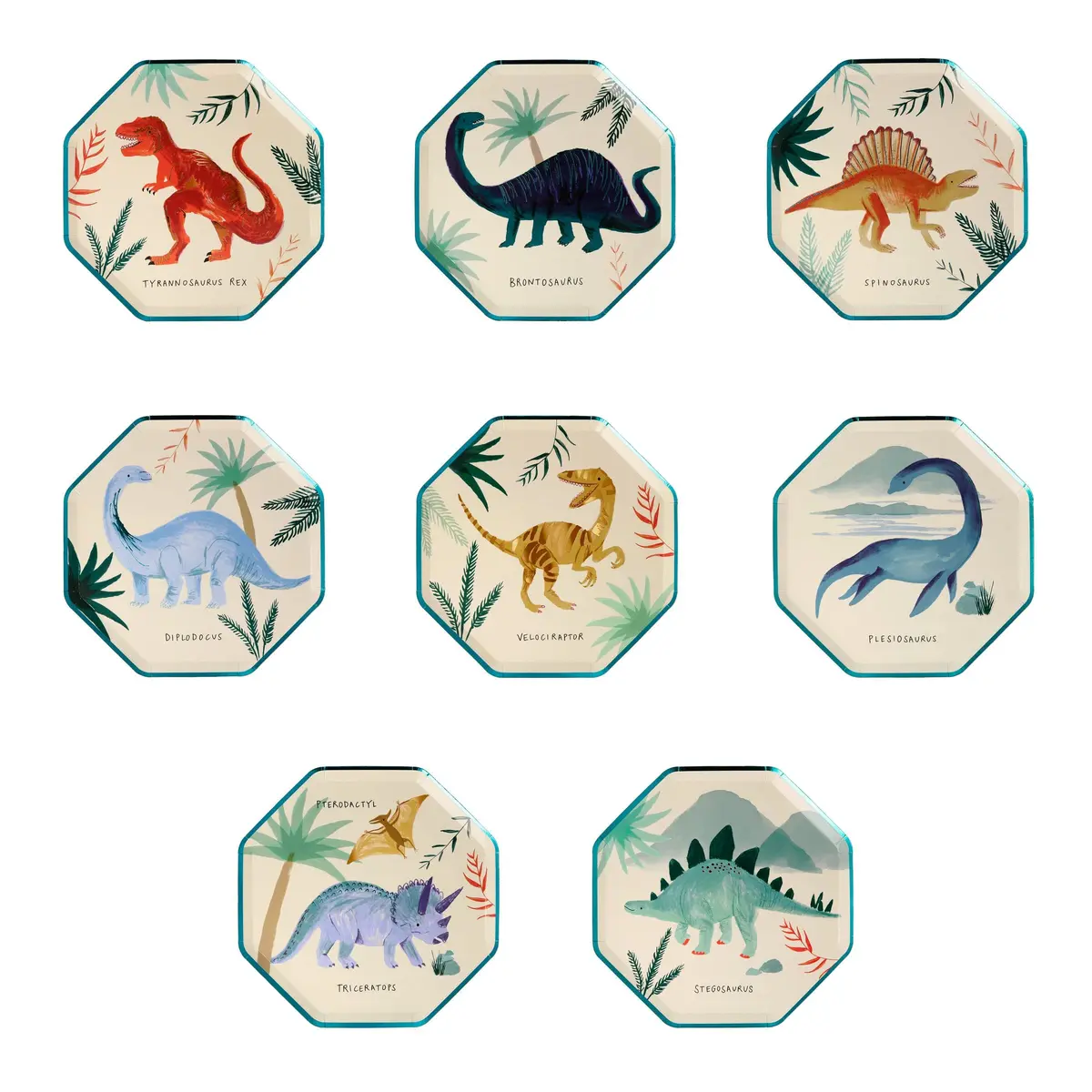 Meri Meri Dinosaur Kingdom Party Plates, Pack of 8, 8.25" | Dinosaur-themed disposable plates for kids' birthday parties - main product image