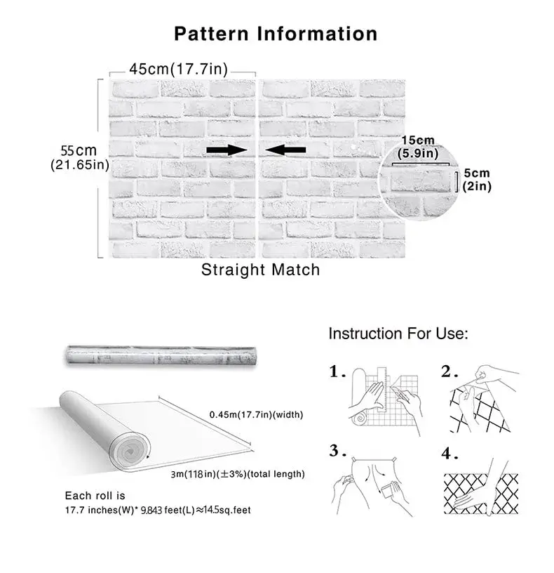 Cohoo Home White Brick Wallpaper Peel and Stick 45cm x 305cm | Realistic Faux Brick Look for Walls - view 7