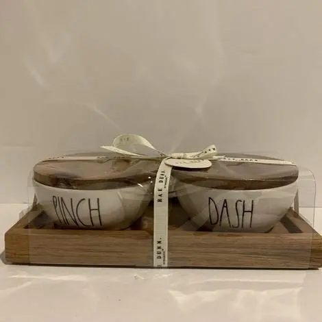 Rae Dunn PINCH & DASH Mini Bowls with Wood Lid & Tray | Ceramic & Wood Gift Set, Very Rare - main product image