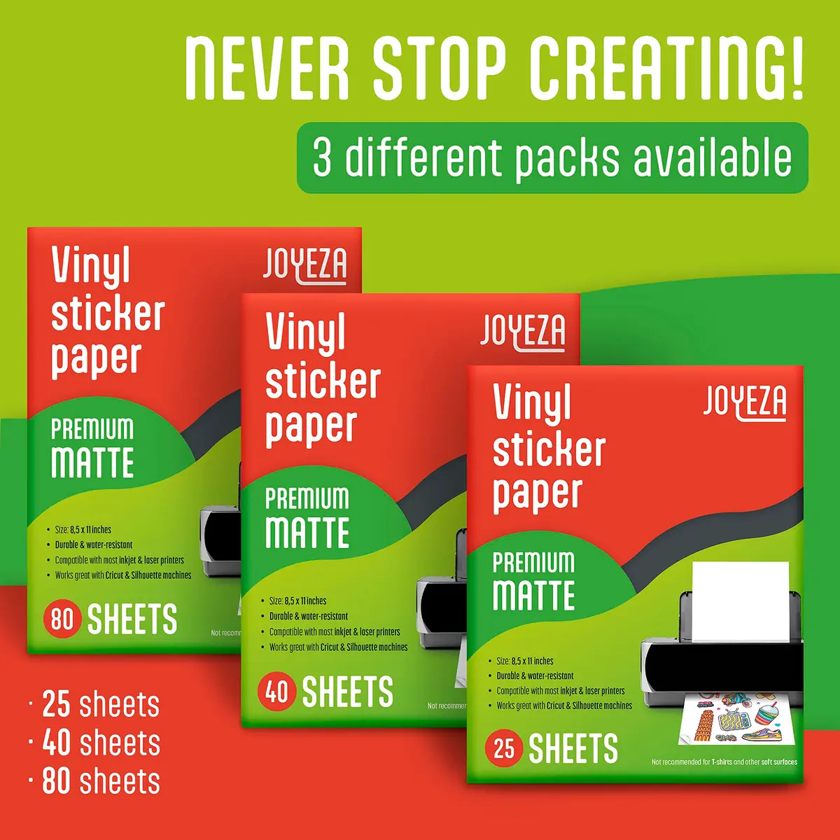 JOYEZA Premium Printable Vinyl Sticker Paper for Inkjet Printer - 25 Sheets Matte White Waterproof, Dries Quickly Vivid Colors, Holds Ink well- Tear Resistant - view 6