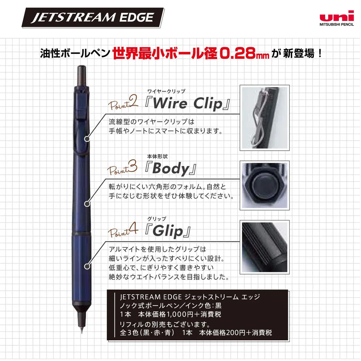 Uni Jetstream EDGE 0.28mm Ballpoint Pen, Navy Body, Black Ink | Ultra-Fine Line for Precise Writing - view 5