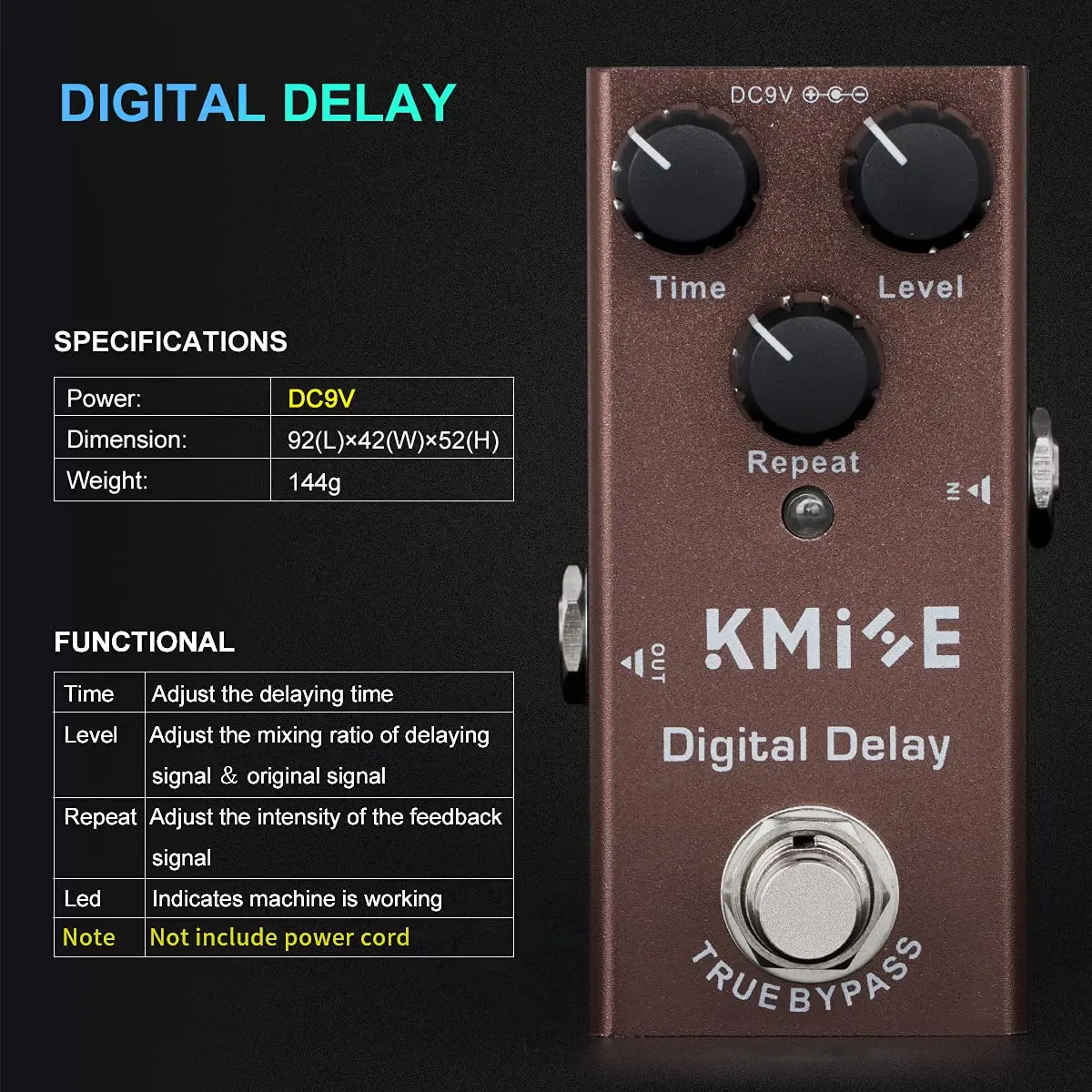 lotmusic Digital Delay Electric Guitar Effects Pedal 52mm (2.05in) x 92mm (3.62in) x 42mm (1.65in) | True Bypass Noise Reduction - view 5