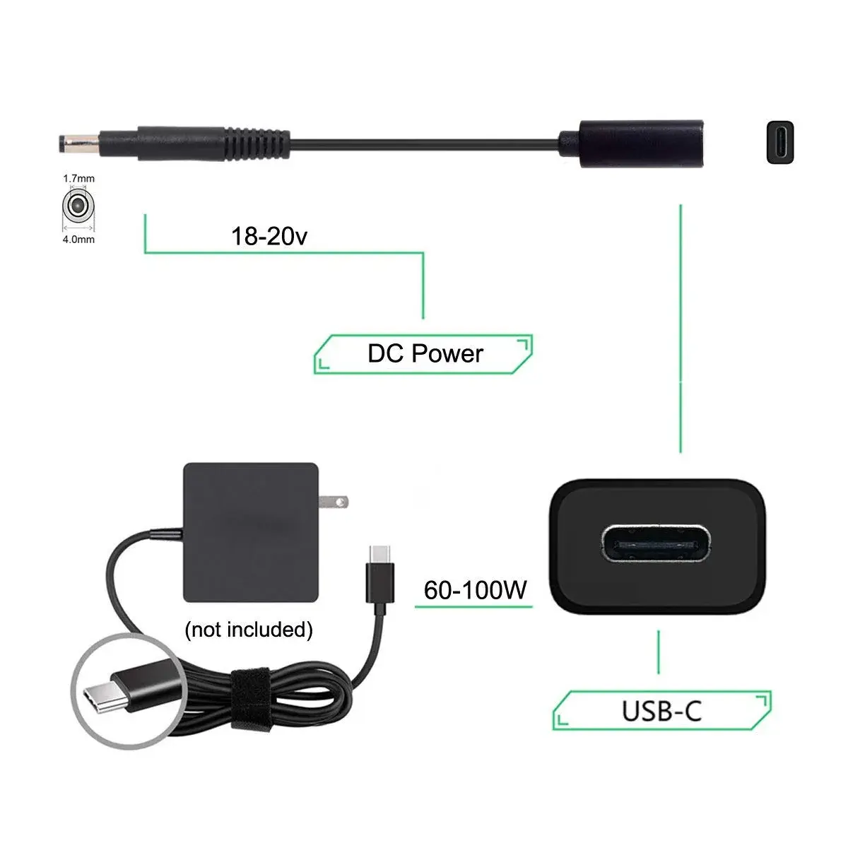 cablecc USB-C Female to DC 4.8x1.7mm PD Charge Cable 0.2m | 65W Power Delivery for HP Laptops - view 3