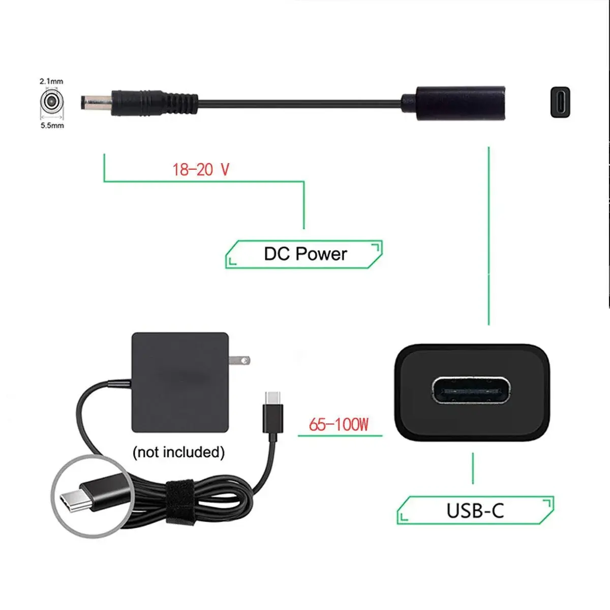 cablecc USB-C Female to DC 5.5x2.1mm PD Charge Cable 20cm (0.65ft) | Powers Laptops 18-20V - view 4