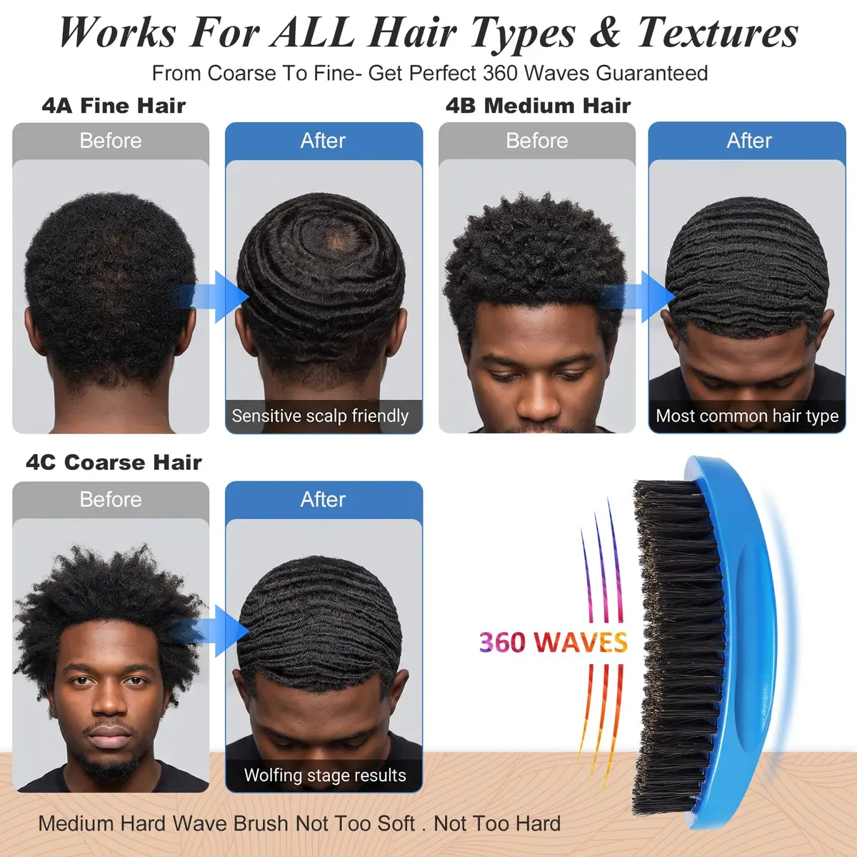 Aosina Medium Hard Wave Brush for Men | Curved Boar Bristle for 360 Waves - view 2