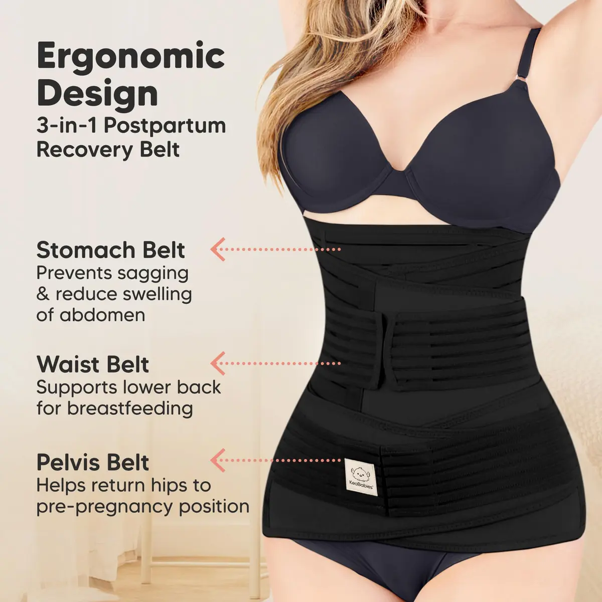 KeaBabies Revive 3-in-1 Postpartum Belly Support Recovery Wrap Band Midnight Black XL | Supports Core & Pelvis - view 2