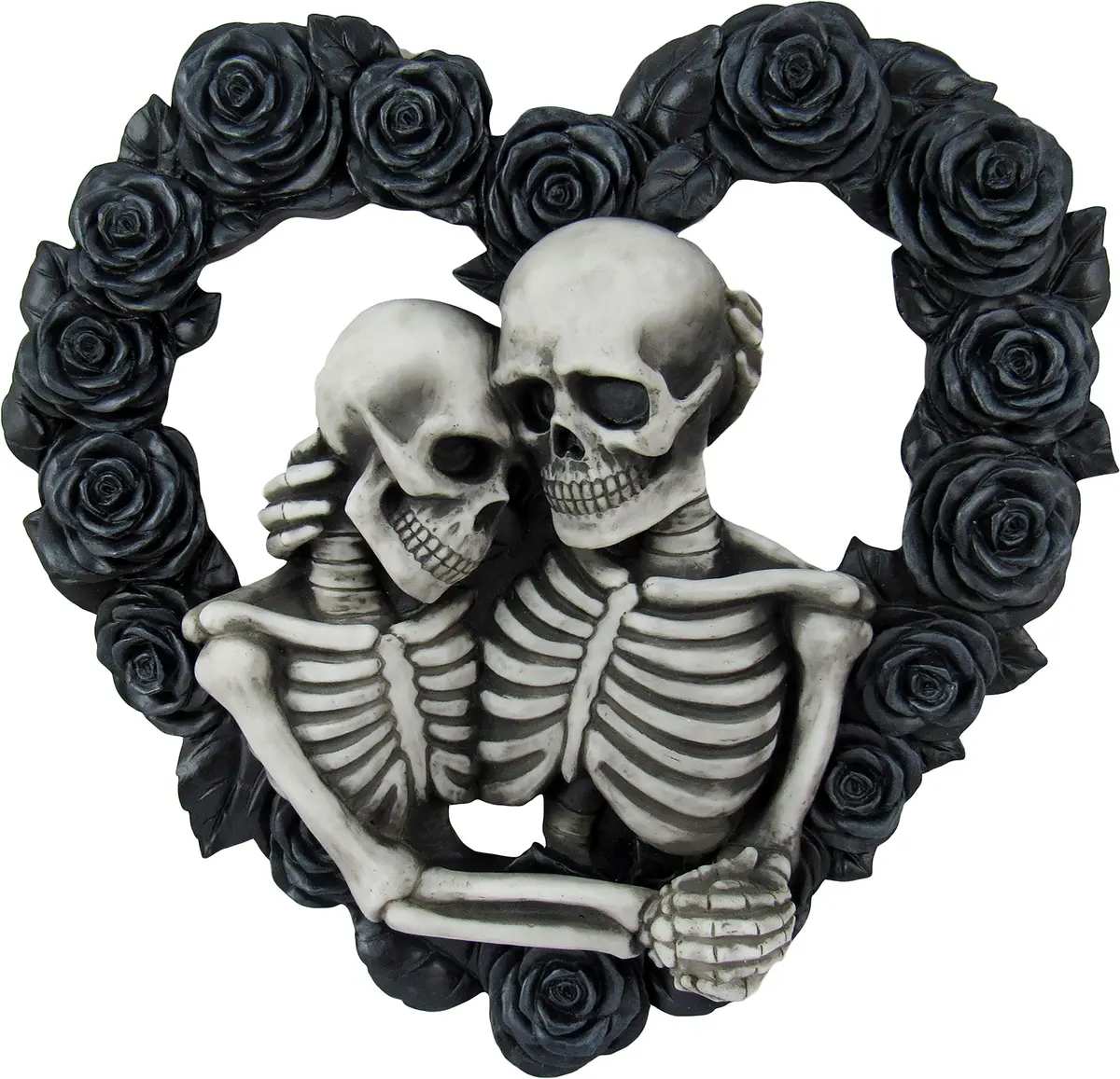DWK Love Eternal Skeleton Couple Black Rose Wreath Wall Sculpture 34 cm (13.5" W x 12.5" H x 2.5" D) | Hand-Painted Resin Decor - main product image