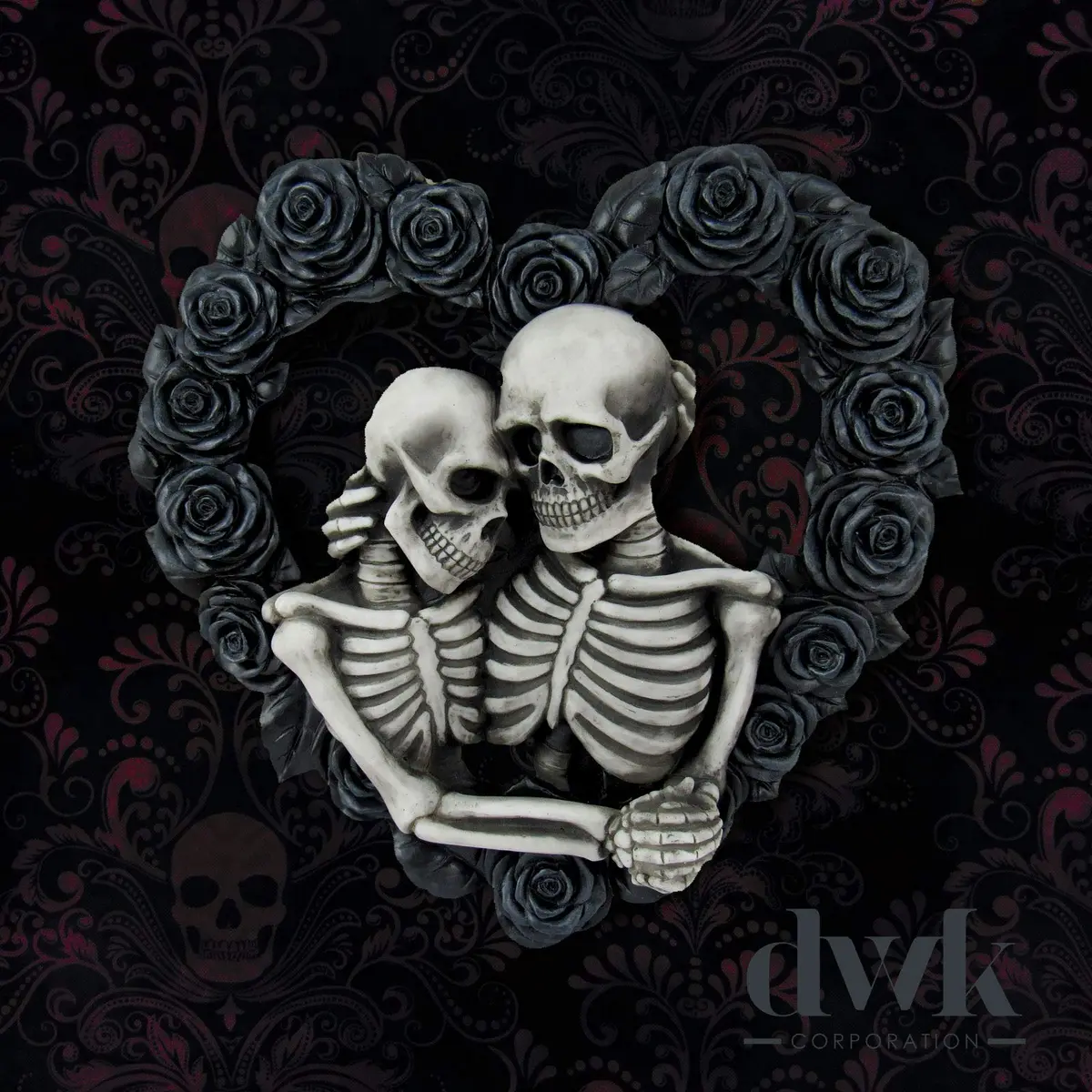 DWK Love Eternal Skeleton Couple Black Rose Wreath Wall Sculpture 34 cm (13.5" W x 12.5" H x 2.5" D) | Hand-Painted Resin Decor - view 5