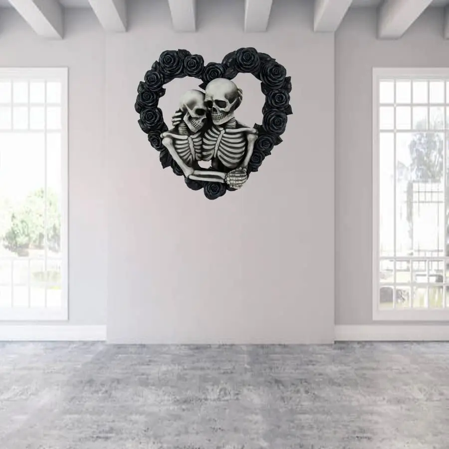DWK Love Eternal Skeleton Couple Black Rose Wreath Wall Sculpture 34 cm (13.5" W x 12.5" H x 2.5" D) | Hand-Painted Resin Decor - view 8