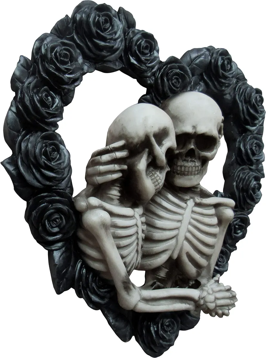 DWK Love Eternal Skeleton Couple Black Rose Wreath Wall Sculpture 34 cm (13.5" W x 12.5" H x 2.5" D) | Hand-Painted Resin Decor - view 2